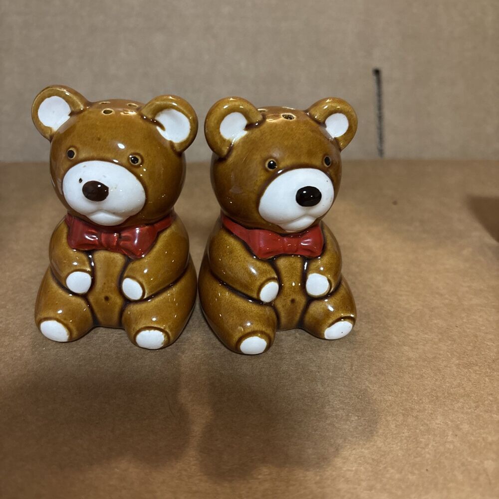 Salt and Pepper Shakers VINTAGE Takahashi Teddy Bears Brown Tags on Bottom